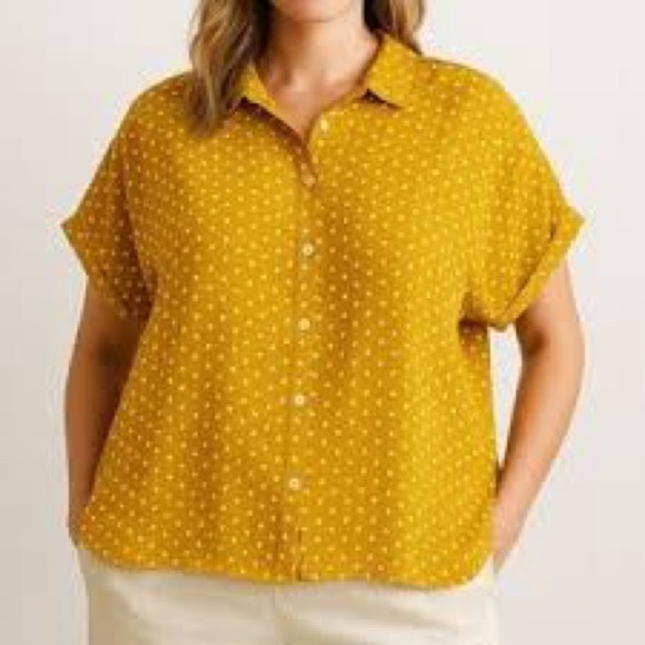 Rachel Roy 100% Linen Yellow Polka Dot Button Up Shirt Size XL Short Sleeve - Picture 1 of 14